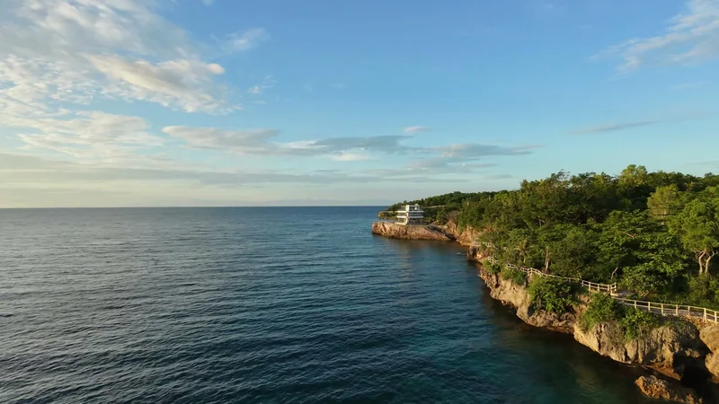 Aerial view of a green coastline meeting the open sea