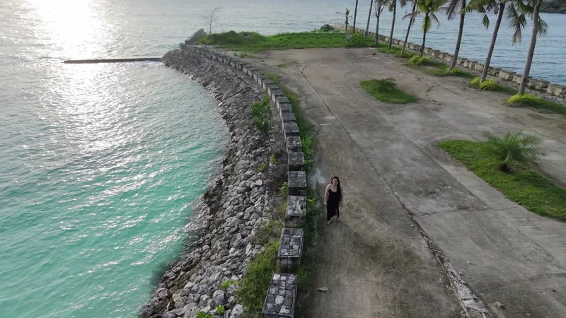 Hermi standing on a palm-lined coastal walkway beside the sea